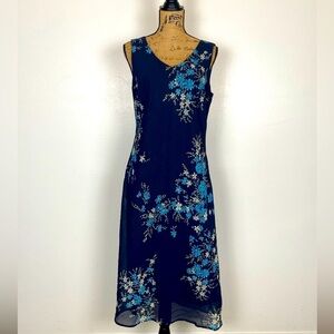 Graffiti New York Y2K 90s Floral Midi Dress Sz M Blue Chiffon Coquette Feminine